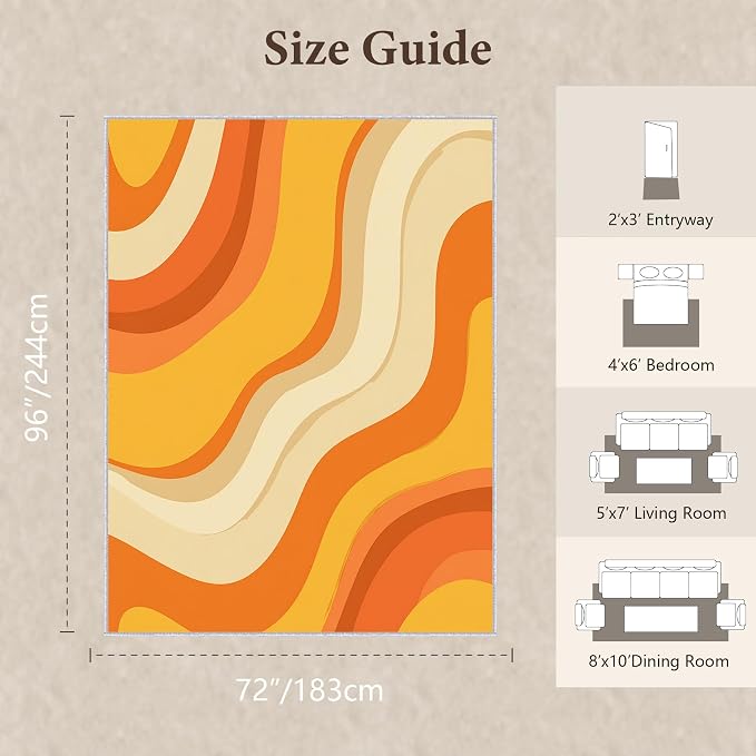 Sunset Flow Area Rug 6x8, Modern Abstract Wave Rug, Retro Orange Neutral Carpet for Living Room Bedroom, Soft Non Slip Washable Rug