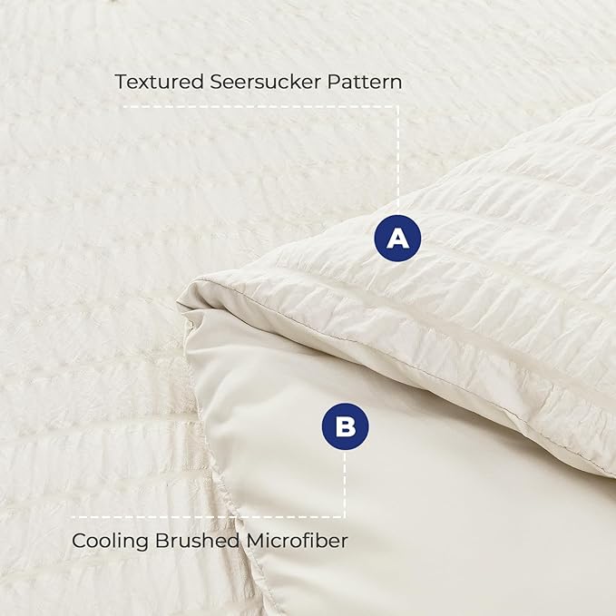 HYMOKEGE Ivory Oversized Queen Comforter Set Seersucker 7 Pieces, All Season Luxury Bed in a Bag for Bedroom, Bedding Set with Comforter, Sheets, Pillowcases & Shams