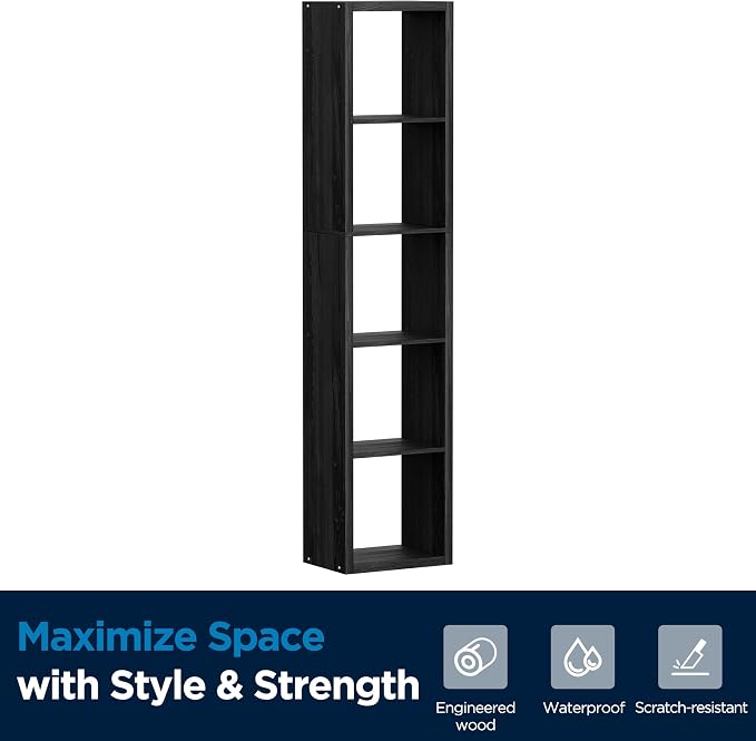5 Cube Storage Organizer Single Row, Cube Shelf with Heavy-Duty Thick Boards, 13.31" L x 9.37" W x 60.55" H, Smooth Easy-Clean Panels, Simple Assembly, for Living Room Bedroom Office, Black