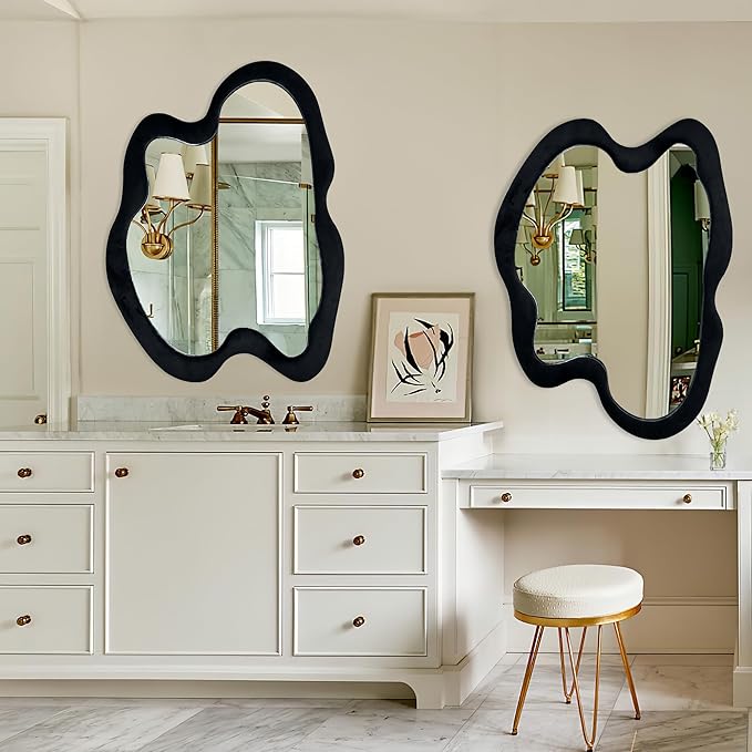 Irregular Wall Mirror Asymmetrical Mirror, Black Wavy Mirror with Flannel Frame, Decorative Wall Mirror for Bedroom, Livingroom, Entryway, 20"x 28"