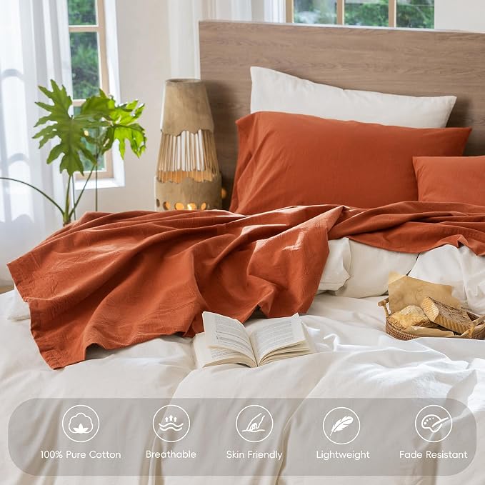 MooMee Bedding Sheet Set 100% Washed Cotton Linen Like Textured Breathable Durable Soft Comfy (Solid Rust Brown, King)