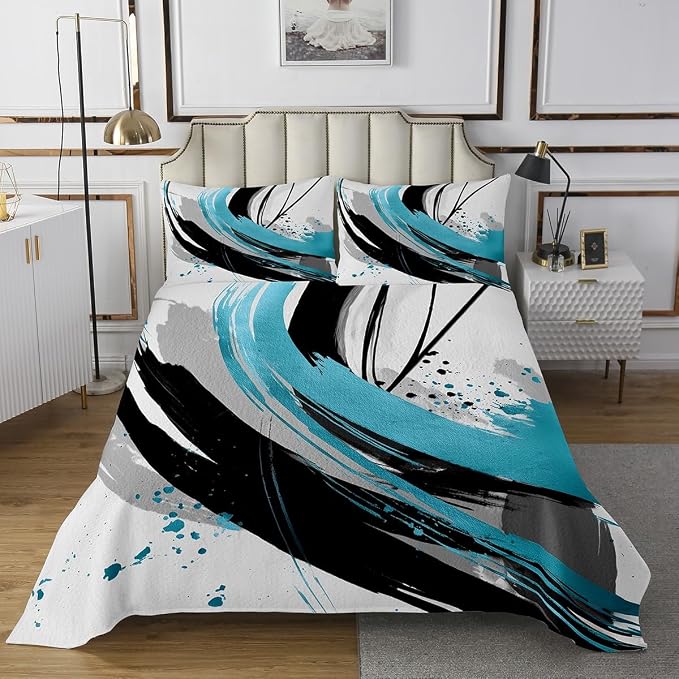 Erosebridal Black Blue Geometric Decorative Quilt Set Twin - Geometric Boho Abstract Coverlet Set Striped Bed Sets for Boys Adults Girls Minimalists Graffiti Aesthetic Lines Bedding Sets