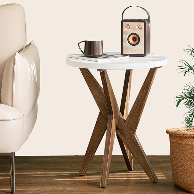 Modern Round End Table with Smooth White Top and Crossed Walnut Legs, Minimalist Accent Table for Living Room, Balcony, or Small Spaces, Easy Assembly Bedside Table, White Walnut