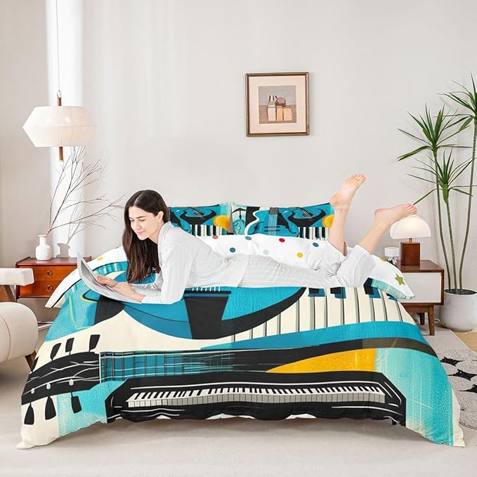 Erosebridal Retro Music Duvet Cover King for Adults - Modern Musical Instrument Bedding Set Abstract Geometric Square Comforter Cover,Mid Century Jazz Bed Set