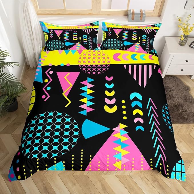 Memphis Duvet Cover Set Twin Size, Retro 80s 90s Fashion Style Bedding Set for Kids Boys Girls, Colorful Geometric Abstract Comforter Cover Soft Polyester Quilt Cover with 1 Pillowcase,No Comforter