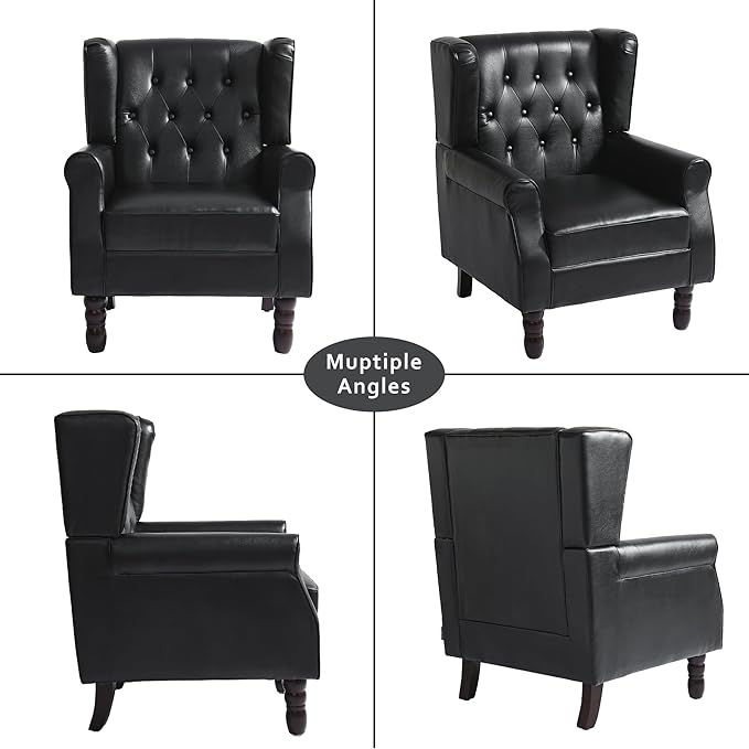 Faux Leather Accent Chairs Set of 2, High Back Upholstered Chair with Button Tufted, Mid-Century Modern Comfy Wingback Chair Reading Armchair for Living Room for Bedroom, Office-P Black