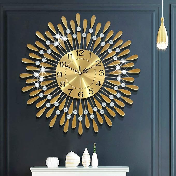 Large Wall Clock Metal Decorative 3D Non-Ticking Silent Quartz with Arabic Numerals for Living Room Home Kitchen Decor Gold