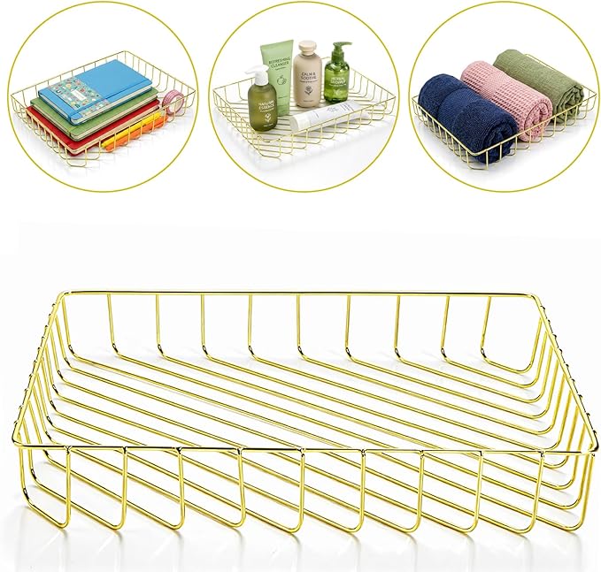 Okllen 3 Pack Gold Wire File Organizer Trays for Desk, A4 & Letter Size Metal Document Holder, Desktop Magazine Paper Trays for Office Cosmetics Bathroom