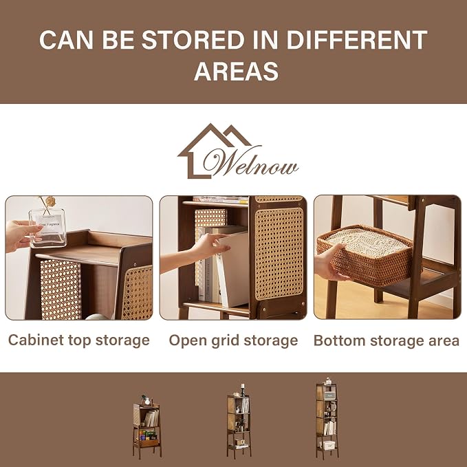 Welnow Bamboo Rattan Bookcase with Cabinet, 3-Tier Storage Shelf with Side Table & End Table Function, Large Modern Wood Organizer for Living Room or Bedroom, Walnut Bookshelf
