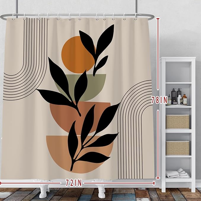 Baocicoo Boho Mid Century Shower Curtain Set Modern Minimalistic Leaves Shower Curtain for Bathroom Dormitory Bathtub Decor Durable Fabric Waterproof Curtain for Bathroom with Hooks 72x78 Inches