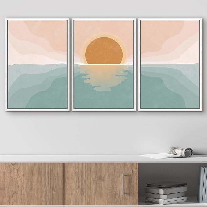 wall26 Framed Canvas Print Wall Art Set Pastel Mountain Range Forest Dawn Abstract Nature Illustrations Modern Art Nordic Decorative Boho for Living Room, Bedroom, Office - 24"x36"x3 White