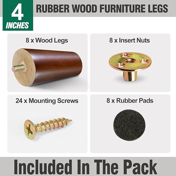 FoDau770 Brown Rubber Wood Furniture Legs 4 Inches, Slant Tapered Wood Feet Mid Century Sofa Legs Set of 8, 5/16" UNC Furniture Feet Replacement Parts for Cabinet Couch Dresser Chair Ottoman Table