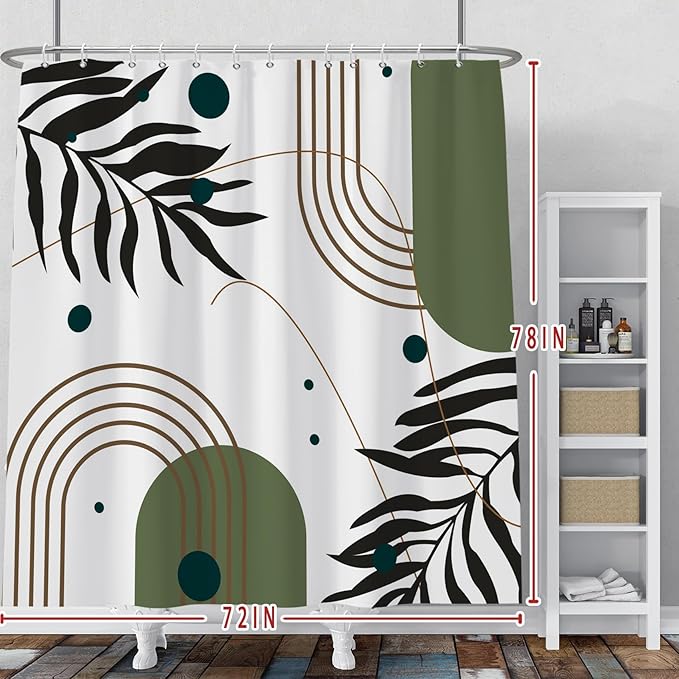 Baocicoo Mid Century Boho Shower Curtain Botanical Abstract Green Leaf Shower Curtain for Bathroom Hostel Hotel Cubicle Bathtub Decor Durable Waterproof Curtain for Bathroom with Hooks 72x78 Inches