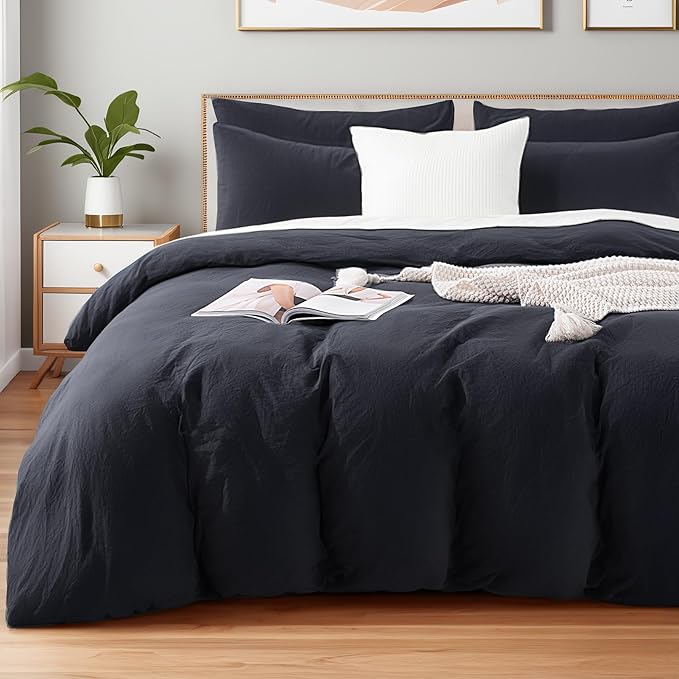 NEXHOME PRO Queen Duvet Cover Set – 100% Certified Organic Cotton with Washed Feel & Linen-Like Texture, Comfortable & Breathable, Home Bedding Set Dark Grey (No Comforter)