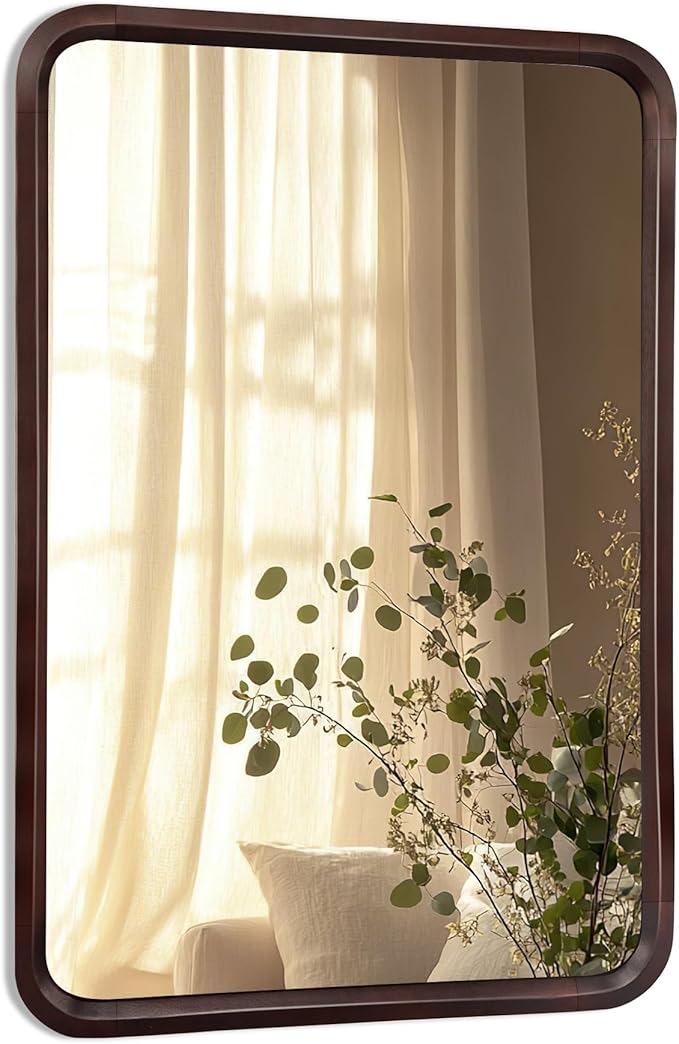 Bathroom Mirror for Wall,Wood Rectangle 24 x 36 inch Hanging Vatiny Tempered Mirrors with Rounded Corner for Living Room,Bedroom,Entryway