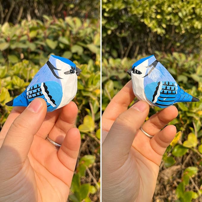 H&Zebrabro Hand Carved Bird Figurines, Hand-Painted Sculpted Wooden Birds, Wood Bird Sculptures for Home Decoration, Hand Crafted Life Like Bird Statues, Ideal Gifts for Bird Lovers (Blue Jay)