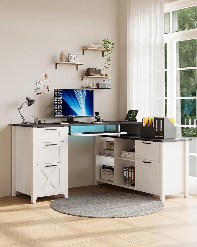 HOPUBUY Farmhouse Executive Desk with File Drawers,Wood Home Office Desk w/Charging Station,Adjustable Storage Cabinets,White Computer Writing Desk for Work,Study