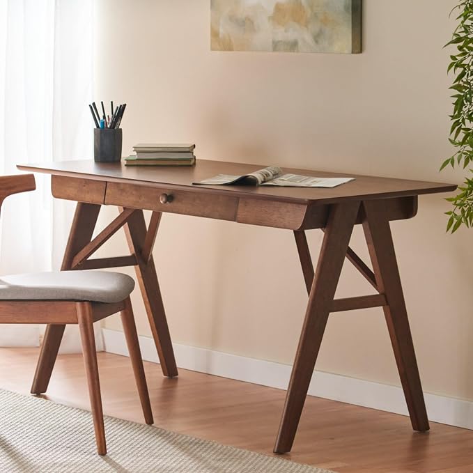 Hassyee Mid-Century Modern Style Writing Desk with Large Drawers, Computer Study Desk with Solid Rubberwood Legs for Home Office Workspace or Entryway (Walnut -1)