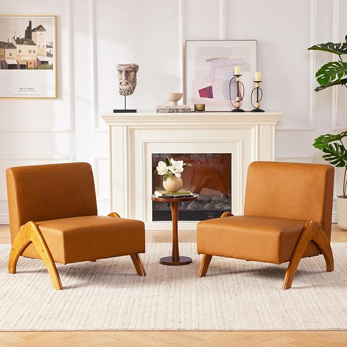 Oversized Accent Chair, upholstered armless mid Century Modern Living Room Chair with Wooden Legs for Bedroom/Office/Cafe, Faux Leather Cognac Brown