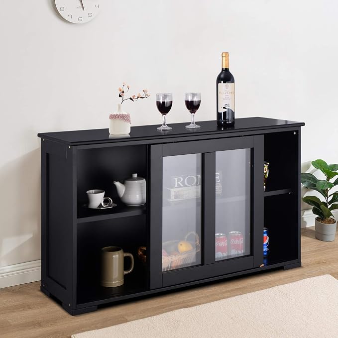Giantex Buffet Sideboard, Wood Credenza with Sliding Doors, Storage Cabinet with Adjustable Shelf, Modern Console Table, Kitchen Cupboard, Buffet Pantry, Living Room Dining Room Furniture (Black)