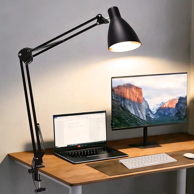 Metal LED Desk Lamp for Home Office, 32" Swing Arm Architect Desk Lamp with Clamp, 5 Color Modes 10 Brightness Task Lamps, Adjustable Gooseneck Clip-on Table Light for Reading Home Work Study, Black