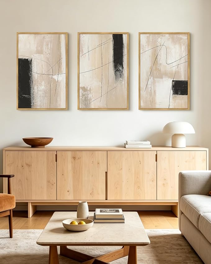 KUVIOKE Abstract Framed Wall Art Minimalist Beige Pastel Watercolor Neutral Wall Decor Modern Black Line Art Painting Home Decor 24x36in (Natural Framed)