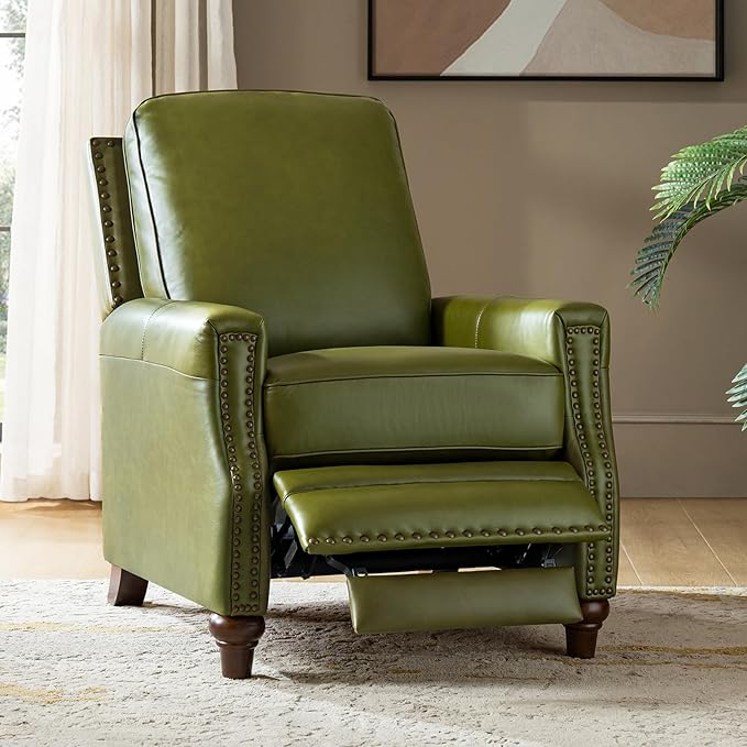 HULALA HOME Genuine Leather Recliner Chair, Classic Push Back Recliner Armchair with Thick Seat and Backrest (Olive)