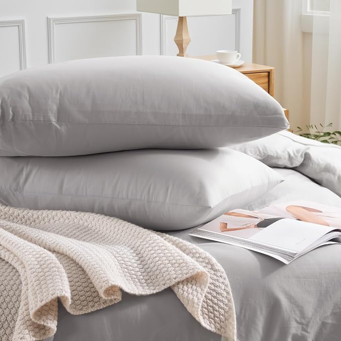 NEXHOME PRO Duvet Cover Set California King Linen Look Textured Organic Natural 100% Washed Cotton Duvet Cover 3 Pieces Bedding Set with Zipper Closure, Breathable, Soft, Light Grey (No Comforter)