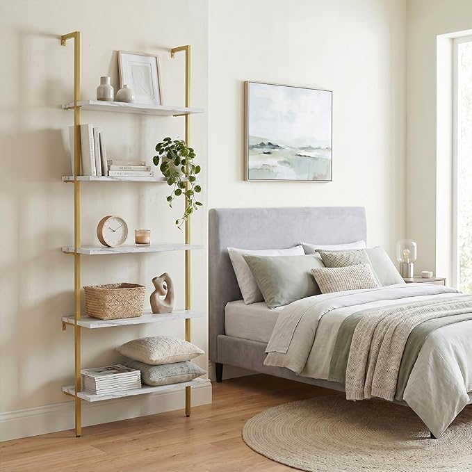 aboxoo Ladder Shelf 2PCS White Marble Bookshelf 5-Tier Wall-Mounted Wood Rack Open Industrial Modern Plant Flower Stand Utility Organizer Bookcase Metal Frame Furniture Office Kitchen Bedroom