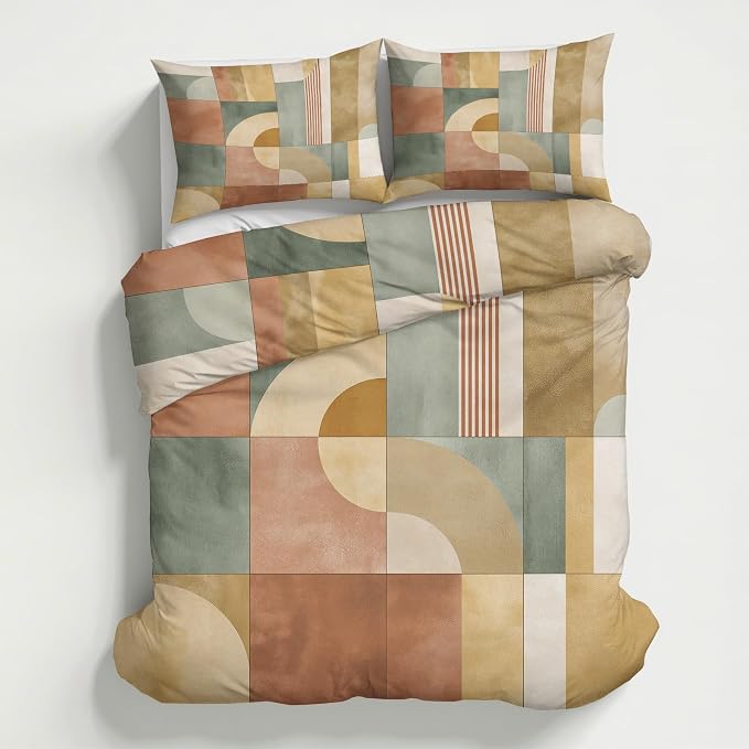 Mid Century Modern Duvet Cover Oversized King Size, Abstract Geometry Bedding Set 3 pcs with 2 Pillow Covers, Mid Century Bedroom Decor, Soft Microfiber Reversible, Zipper & Ties KJJT 81