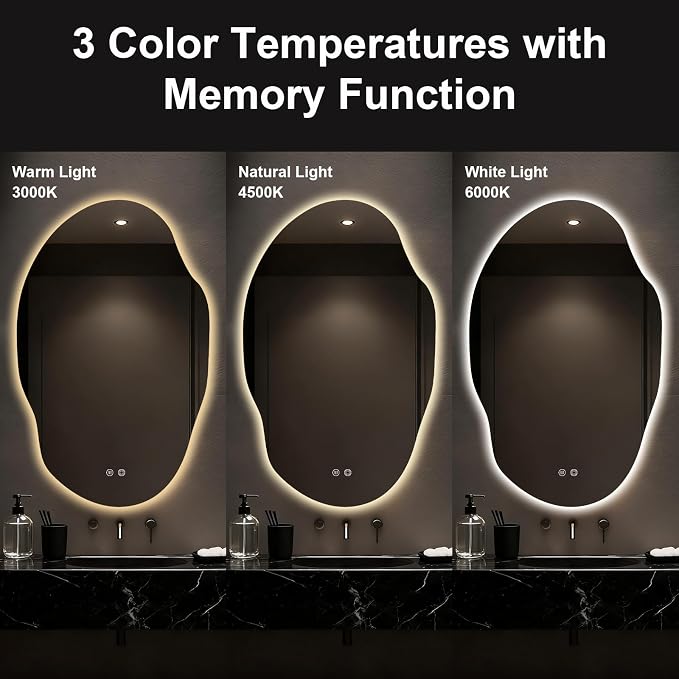 Asymmetrical Bathroom Mirror with Lights,Irregular LED Bathroom Vanity Mirror with Backlit,Anti-Fog,3 Colors and Dimmable Light with Memory,Hardwired Supported[Horizontal/Vertical] 48" H x 30" W