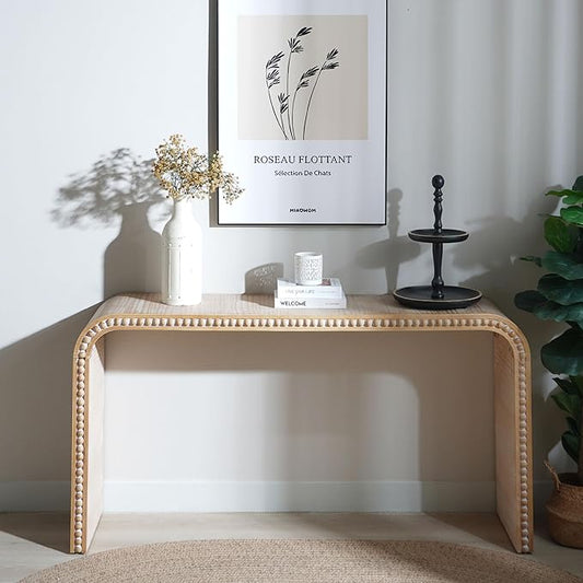 Wood Console Table, 59" Retro Long Sofa Table Behind Couch with Real Wood Beads Decor, Wooden Narrow Sofa Table Hall Table for Living Room Foyer Entrance Entryway, Natural