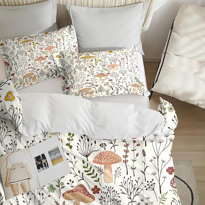 Comforter Set with 2 Pillowcases King Size, Cute Beige Forest Mushroom Daisy Flower, Bed Decor Boho Wildflower Plants Botanical Floral Leaf for Kids and Adults, Soft Cozy Bedroom Bedding Set