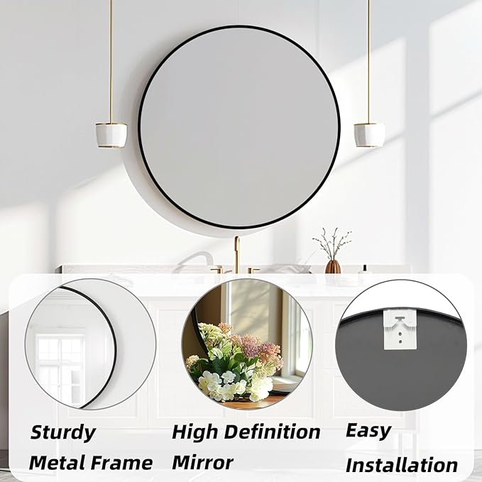 Round Mirror 24 inch, Black Circle Mirror, Black Round Bathroom Mirrors, Circle Wall Mirrors for Bathroom, Living Room, Hallway, Vanity, Over Sink, Mantel