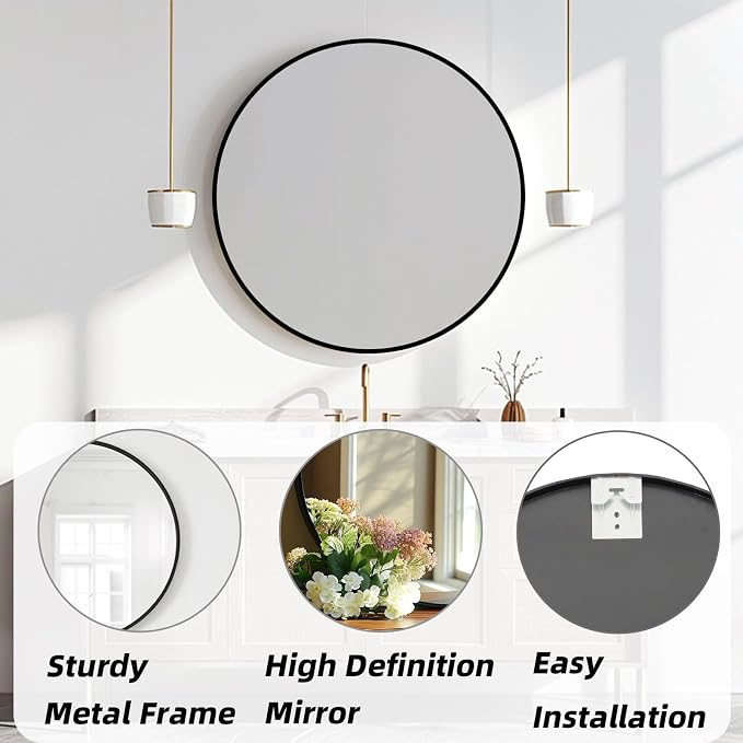Black Round Mirror 22 inch, Black Circle Mirror, Round Wall Mirrors for Bathroom, Living Room, Hallway, Vanity, Over Sink, Mantel