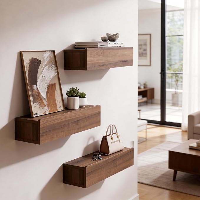 Floating Solid Wood Console Table, 71'' Wall Mounted Narrow Entryway Table with Storage Shelf, Modern Couch Shelves Small Entry Way Tables for Entryway, Front Hall, Hallway (Walnut, 70.86IN)
