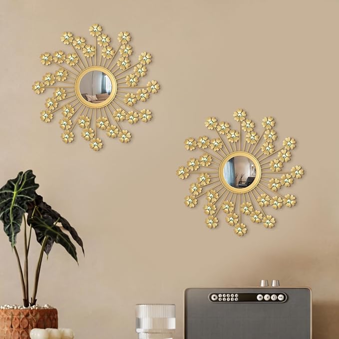 2 Pack Metal Mirrors for Wall Boho Sunburst Wall Mirror Home Decor Modern Decorative Wall Art for Bedroom Living Room Entryway