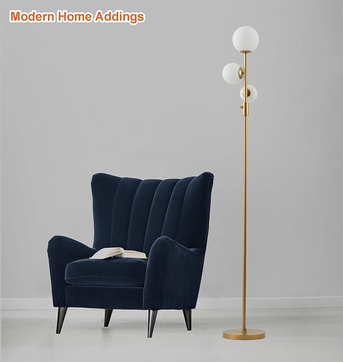 Fiqevs Upgrade Dimmable Floor Lamp, 3 Globe Mid Century Gold Modern Floor Lamps for Living Room with Orb Frosted Glass Shade and 3 LED Bulbs, Standing Tall Lamp for Bedrooms, Office - Antique Brass