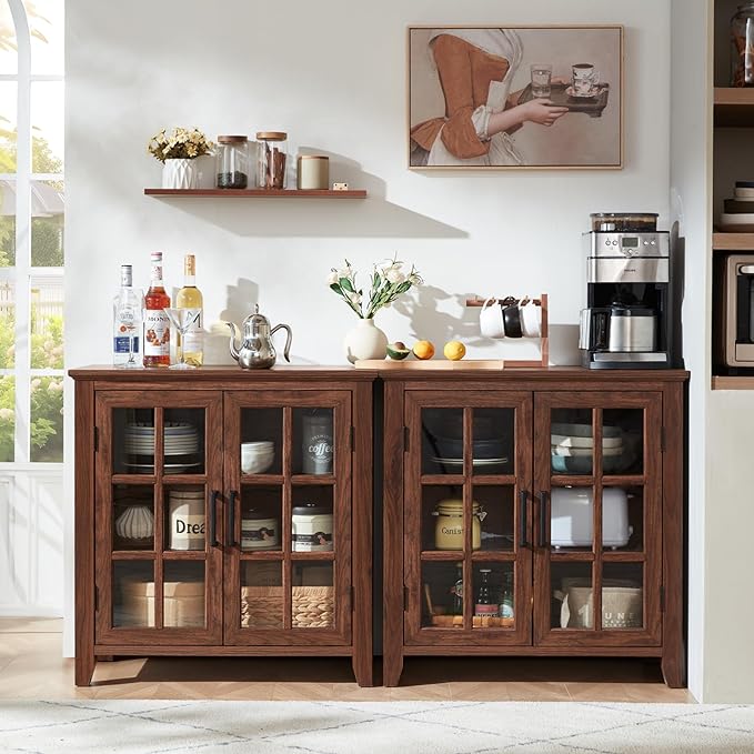 Large Sideboard Buffet Cabinet with Storage, 32" Farmhouse Kitchen Coffee Wine Bar Cabinet with 2 Glass Doors, Wood Mid Century Modern Side Board Table for Dining Room, Living Room, Brown