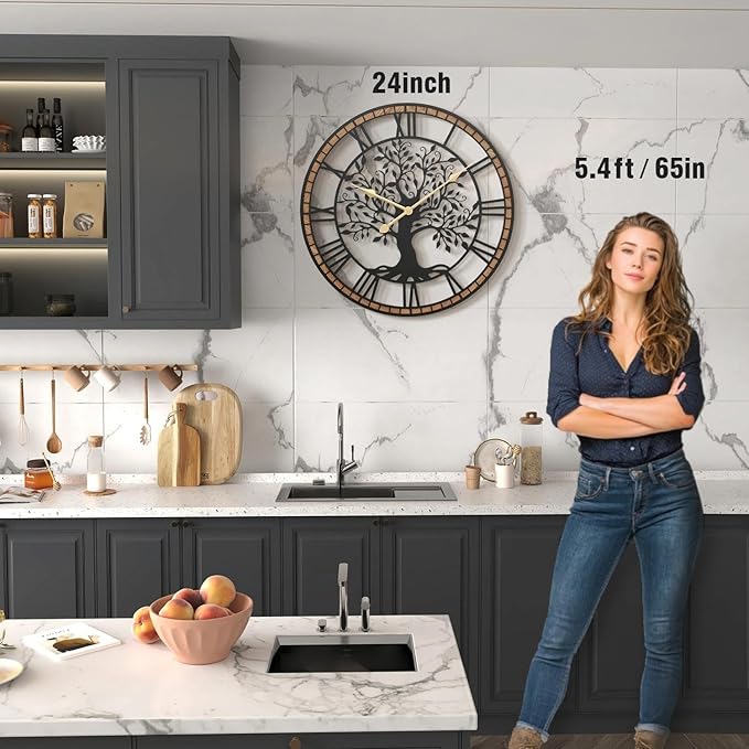Micasso Farmhouse Large Wall Clock: 24Inch Rustic Tree of Life Metal with Wood Frame - Vintage Battery Operated Wall Clocks for Living Room/Office/Bedroom - Home Decor for Fashion-Conscious