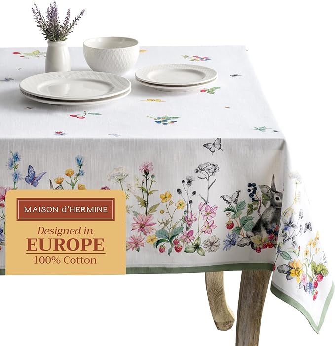 Maison d' Hermine Table Cloth Square Table 100% Cotton 54 x 54 Inches Tablecloth Reusable Decorative for Dining Room Farmhouse Home Valentines Day Decorations Spring Summer - Printemps