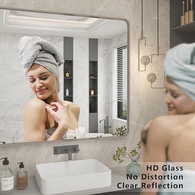 22x30 Inch Silver Bathroom Mirror, Brushed Metal Framed Vanity Mirror for Wall, Rounded Corner Rectangle Mirror, Anti- Rust (Horizontal/Vertical)