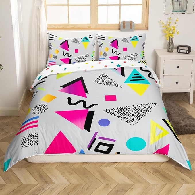 80s Bedding Set Memphis Pattern Old Fashion Comforter Cover,Vintage 90s Memphis Style Duvet Cover Abstract Geometric Pattern Retro Bed Set Full,Rainbow Urban Modern Circles Triangle Room Decor