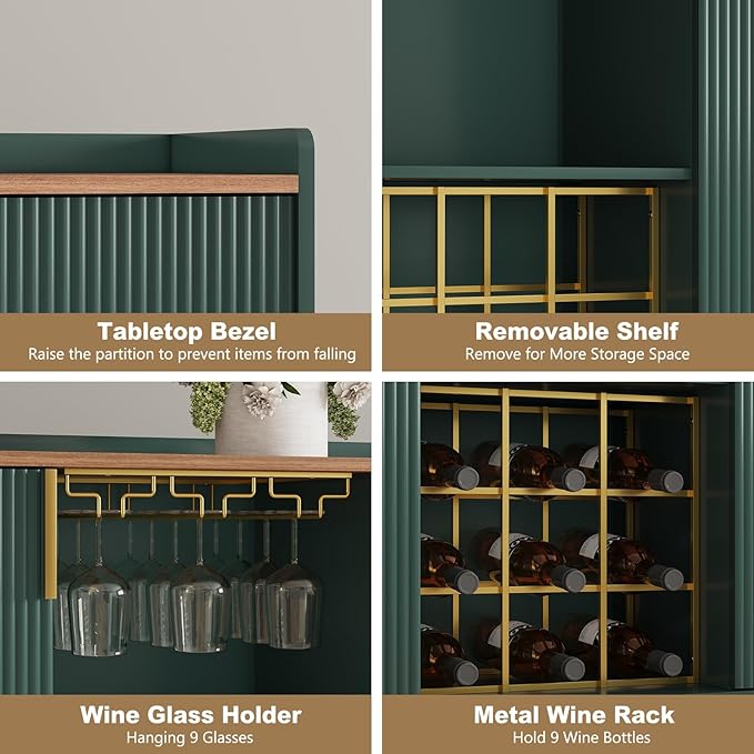 ARTPOWER 48" Wine Bar Cabinet with Fluted Texture, Modern Buffet Sideboard with Wine Rack and Glass Holder, Liquor Coffee Station with Storage for Kitchen, Living Room, Home Bar, Green