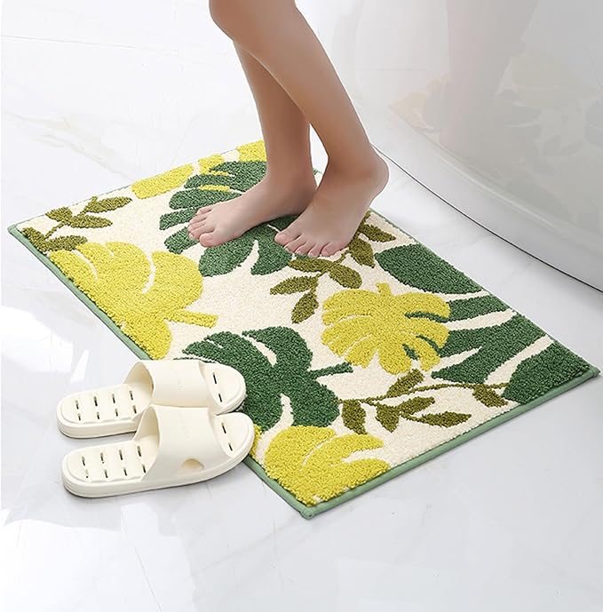 Hi Space Bathroom Rugs Mat 24x16IN Green Leaves Bath Mat for Bathroom Non Slip Machine Washable Soft Absorbent Cute Bath Rug Plush Bath Carpet for Tub Shower Sink Fluffy Entryway Doormat