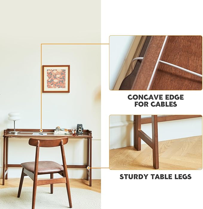 Solid Wood Folding Desk Mid Century Modern Table, 55'' Foldable Writing Computer Desk for Home Office, Simple Study Makeup Workstation, Wooden Study Office Desk Table for Small Spaces, Walnut Color