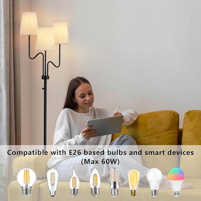 9MMML Farmhouse Dimmable Floor Lamp, Rustic 3-Light Floor Lamp with Fabric Shade, 68'' Tall Floor Standing Lamp for Living Room, Bedroom, Office, Corner, 3 x E26 LED Bulb Included