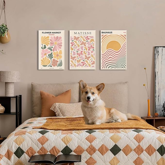 BingruiArt Boho Abstract Wall Art Yellow Canvas Flower Market Posters Set of 3 Bauhaus Pictures Matisse Print Floral Aesthetic Painting Decor for Dorm Living Room Bedroom 16"x24" Framed