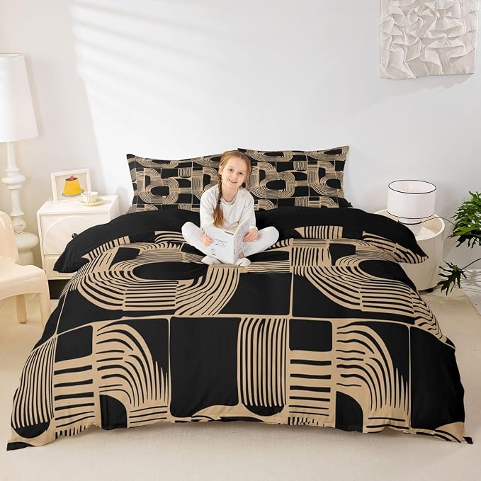 Erosebridal Boho Ethnic Duvet Cover Toddler Size for Boys Geometric Stripes Bedding Set Black Brown Bohemian Striped Comforter Cover for Kids Teens Youth Women Room Modern Simple Aesthetics Bed Sets
