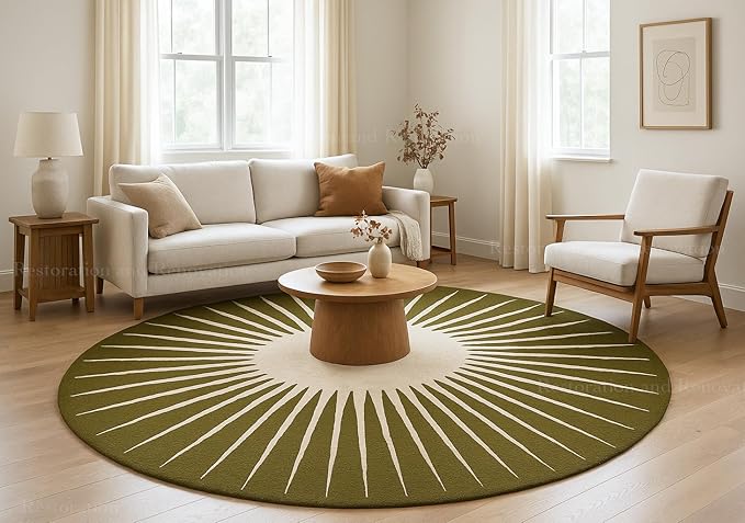 Modern Round Area Rug – Hand-Tufted with 100% NZ Wool, Thick & Soft Circular Carpet for Living Room, Bedroom & Dining Room Decor (Moss Green, 7' Round)